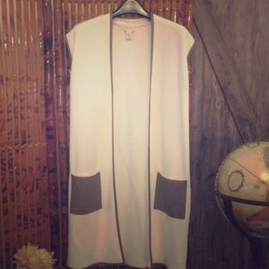 Duster sweater with faux leather trim